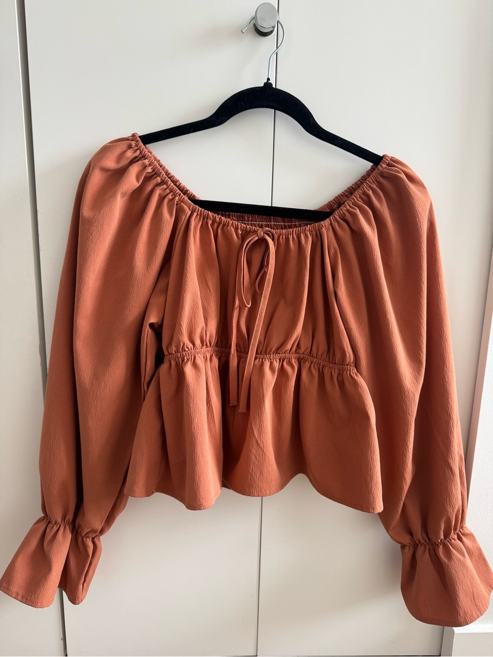 Women’s Rust Peasant Blouse with Tie Neck